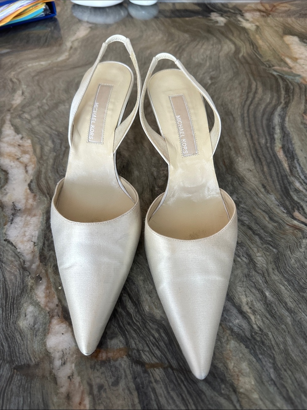 Michael Kors Ivory Satin Pointed-Toe Slingback Heels Size 8